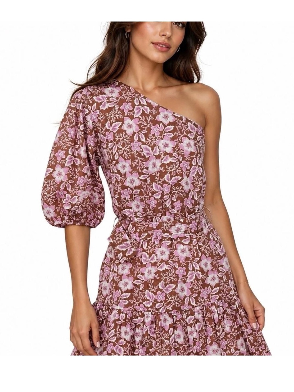 Jason Wu Brown Pink Floral Mini One Shoulder Dress Summer Wedding Guest Sz Small